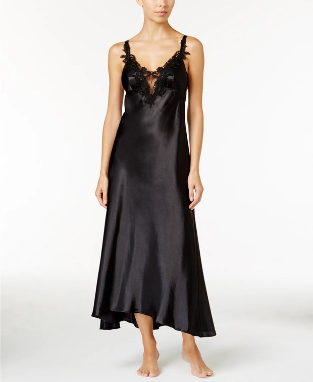SV-M {Flora} Black Satin Venise Trim Nightgown Retail $66.00