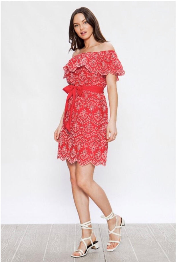 OS-N {Sassier Than Ever} Red Dress with White Eyelet Detail