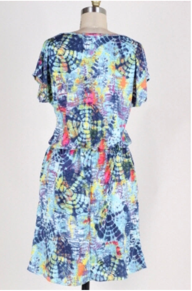 PSS-K {Fade Together} Blue/Multi Print Tie-Dye Dress w/Pockets