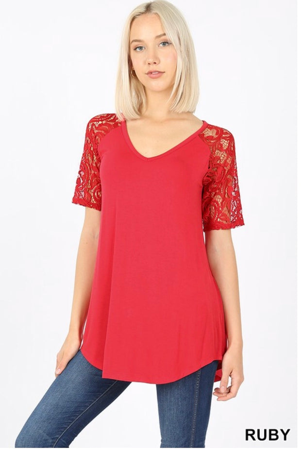 SSS-H {Lovely As Ever} Ruby V-Neck Top W/ Lace Sleeve Detail