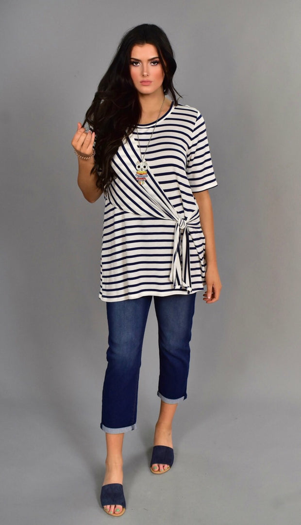 PSS-D {Strong Faith} Navy Striped Top with Yoke-Tie Detail