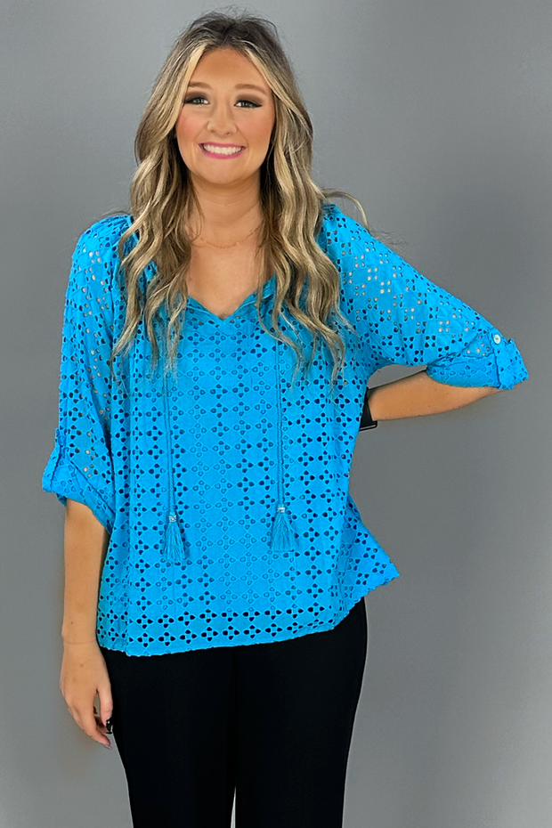 SQ  M-109  {Ruby Rd.} Turquoise Eyelet Top