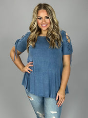 OS-B {Falling For You} Blue Top with Lace-Up Sleeves