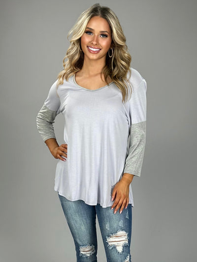 CP-A {Goodness Gracious} Lavender Top With Gray Sleeves