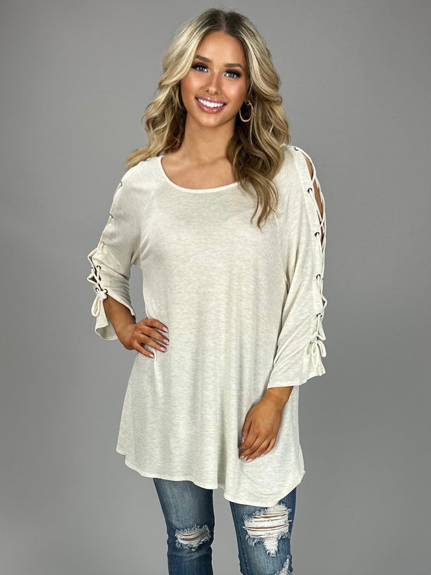 OS-K "Now & Forever" Cream Top with Lace-Up Detail Sleeves