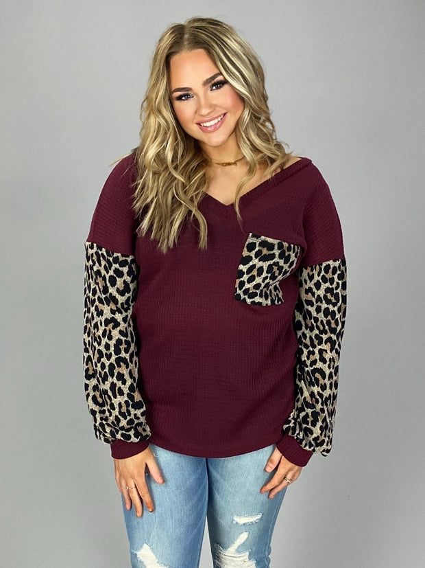 10-09 CP-O {Little Miss Confident} Maroon With Leopard Waffle Top SIZE S M L