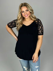 SSS-Y {Lovely As Ever} Black V-Neck Top W/ Lace Sleeve Detail