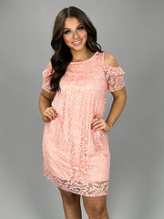 OS-C {First Look} Pink Lace Cold Shoulder Dress w/Lining