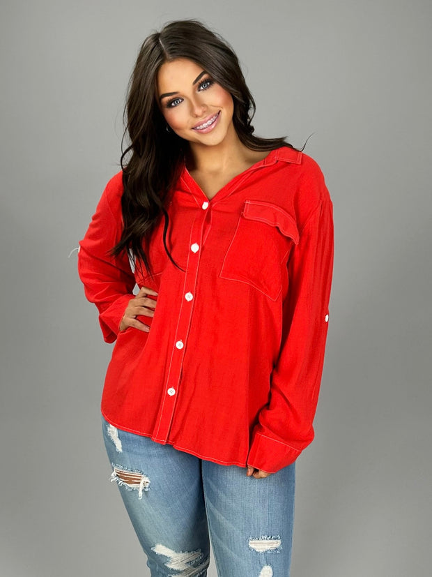 SD-L "UMGEE" Red Button-Front Top with White Stitching