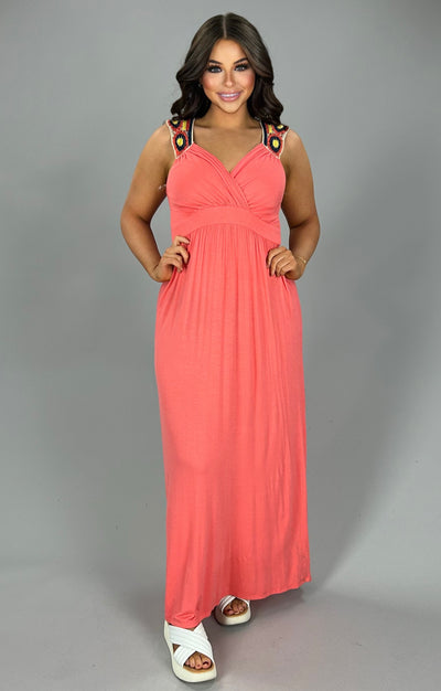 LD-A {This Is The Life} Coral Maxi Dress with Crochet Detail