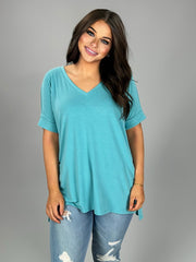 SSS-M {Figure It Out} Blue V-Neck Top W/ Cuffed Sleeve