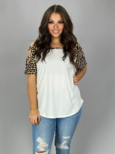 OS-M {Enjoy Yourself} White Top with Leopard Print Detail