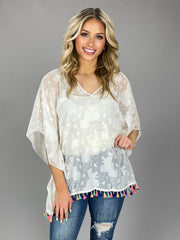 SD-C {Beachy Keen} White Kimono Top with Colorful Tassels