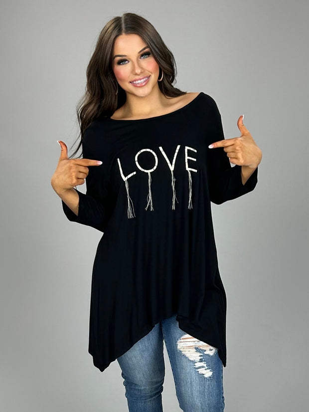 GT-V {LOVE} Asymmetrical Black Top with 3/4 Sleeves