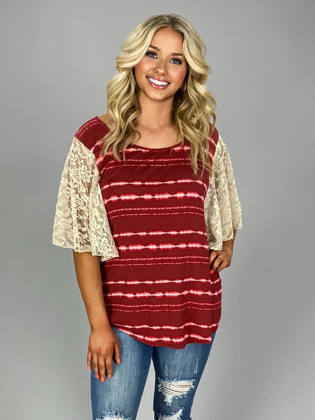 CP-S Burgundy Tie-Dye with Wide Stretchy Lace Sleeves Tunic
