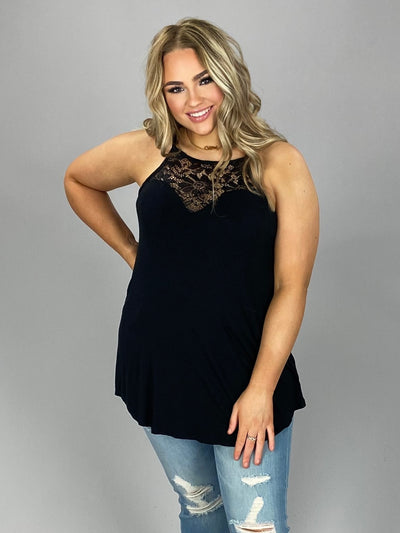 SV-M {Always Together} Black Sleeveless Top W/ Lace Neck Detail
