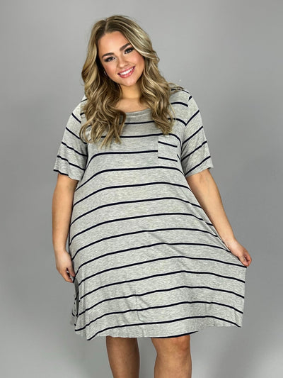 PSS-J Heather Gray/Navy Striped T-Shirt Dress with Pocket
