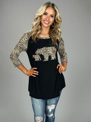 GT-R {Mama Bear} Black Top with Leopard Print Detail