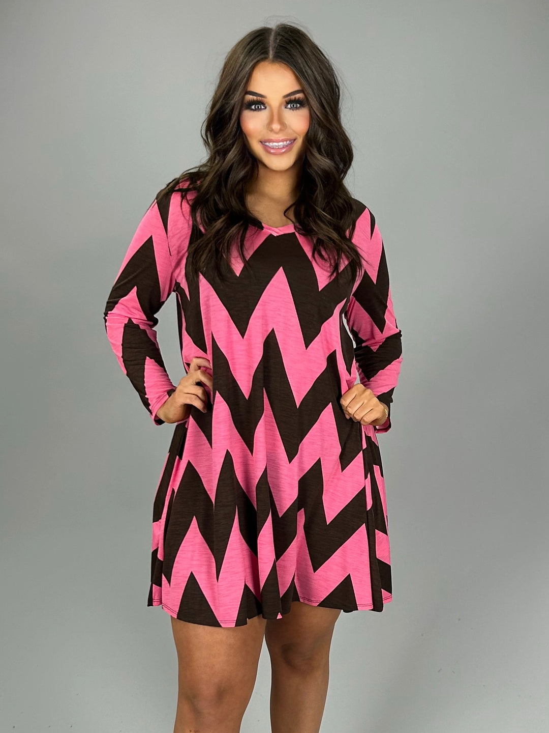 pink and black chevron dress Womens Peachy Pink & Black Chevron Long Sleeve Mini Dress, Juniors Size L