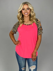 OS-M {Enjoy Yourself} Neon Pink Top with Leopard Print Detail