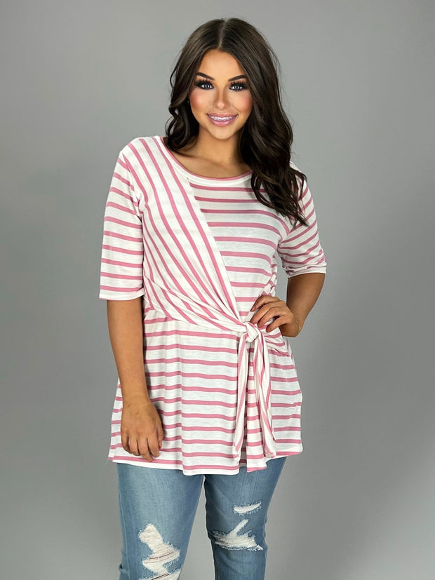 PSS-A {Surprise Me} Pink Striped with Yoke-Tie Detail Top