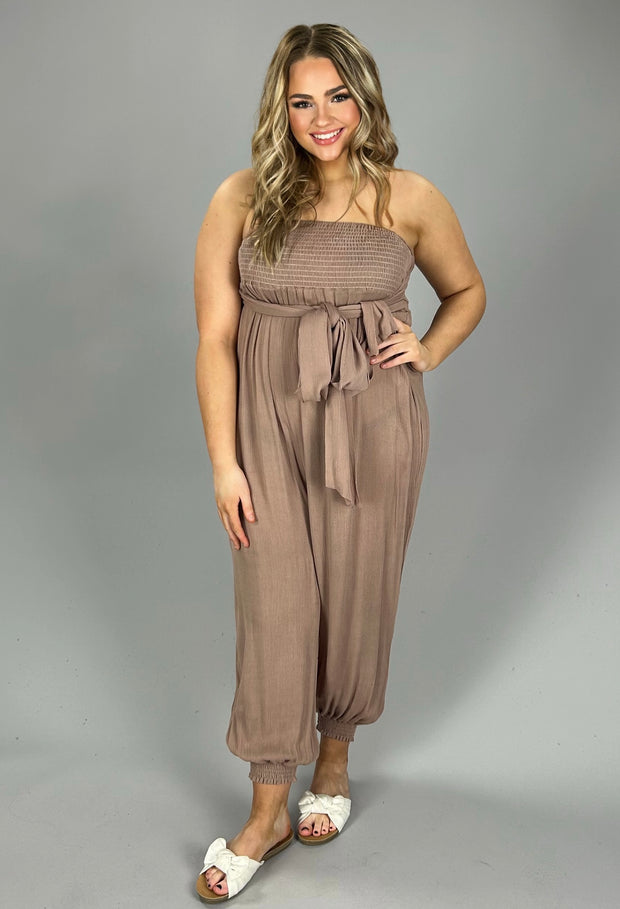 RP-B {Girls Night Out} Taupe Strapless Romper W/ Knotted Detail