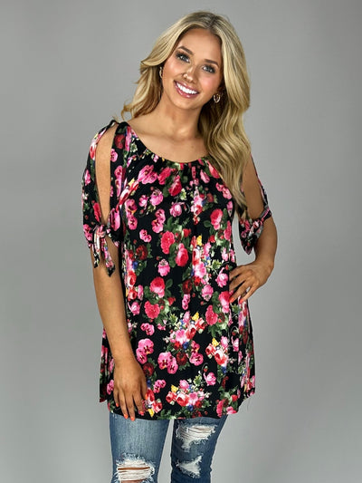 OCS-A {Really Like It} Black/Floral Top with Tie Sleeves