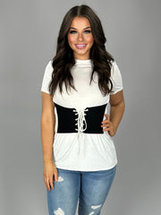 SD-A {Working Girl} White Top with Black Corset Belt Look