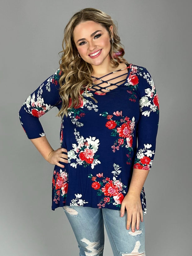 PQ-E {Changing Ways} Navy Floral Top with Cage Neck Detail