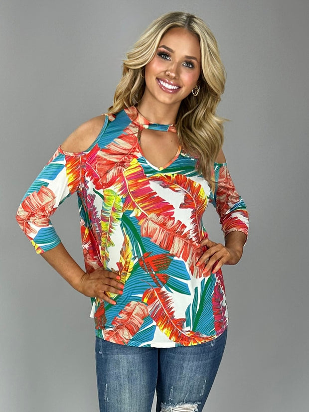 OS-C {Down By The Beach} Tropical Cold Shoulder Top