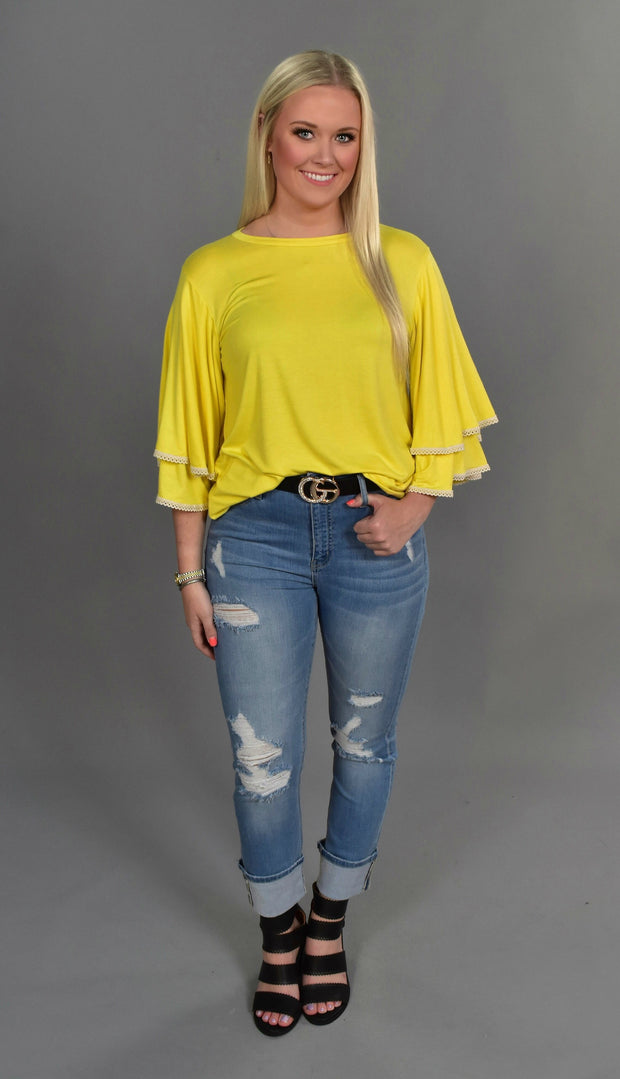 SD-B {Sweet Sunshine} Yellow Top with Crochet Lace Sleeve Detail