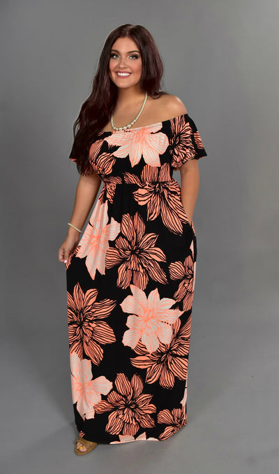 LD-B {Total Knockout} Black Maxi Dress with Neon Coral Flowers