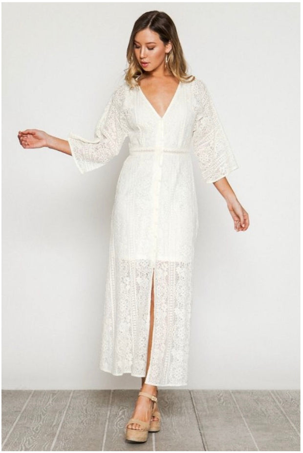 LD-M {Fresh Effect} Ivory Lace Button Front Dress with Lining