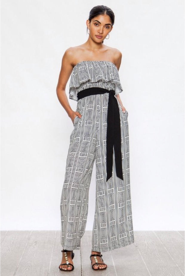RP-J {I Run To You} Black/Ivory Printed Jumpsuit with Belt