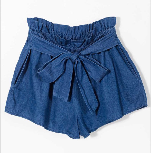 BT-P {Not A Worry} Denim Elastic Waist Shorts with Front Tie