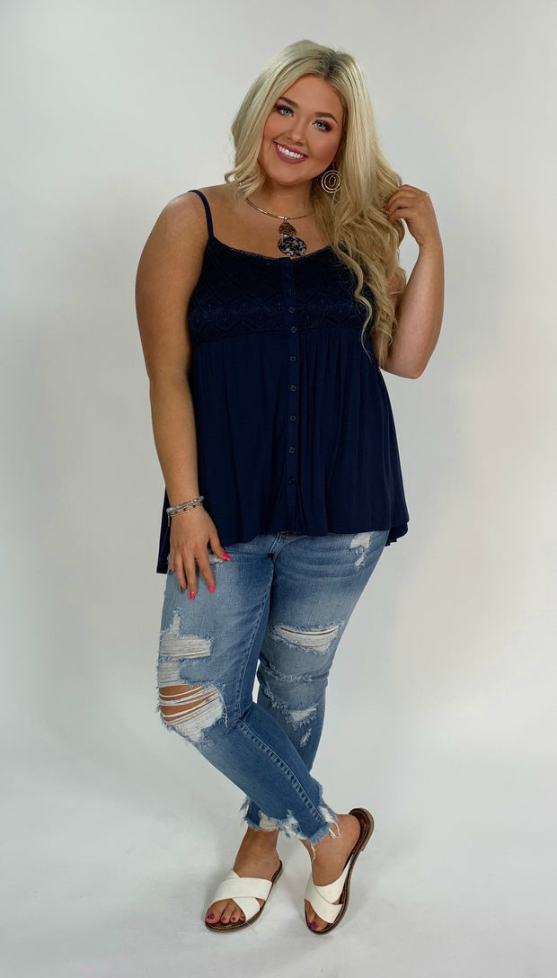 SV-H {Stay All Day} Navy Sleeveless Top W/ Button Up Detail  M/L