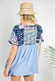 CP-A The Sweetest  Life} Blue Top with Floral Print Contrast