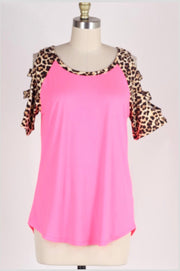 OS-M {Enjoy Yourself} Neon Pink Top with Leopard Print Detail