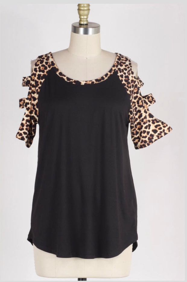 OS-O {Enjoy Yourself} Black Top with Leopard Print Detail
