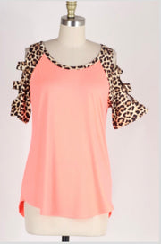 OS-L {Enjoy Yourself} Neon Coral Top with Leopard Print Detail