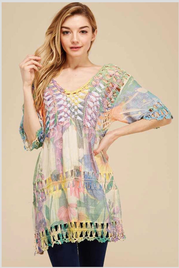 PSS-L {Color Me Wonderful} Multi Color Floral Knit Tunic