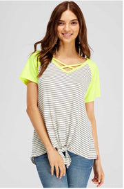 CP-B {Brighten Your Day} Neon Yellow Knot Hem Top with Stripes