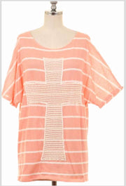 GT-T {God Only Knows} Peach Top with Crochet Lace Cross