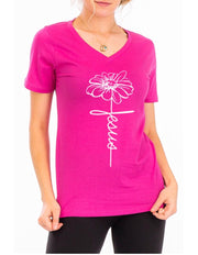 GT-J {All Mine} Fuchsia V-Neck T-Shirt with Flower/Jesus Stem