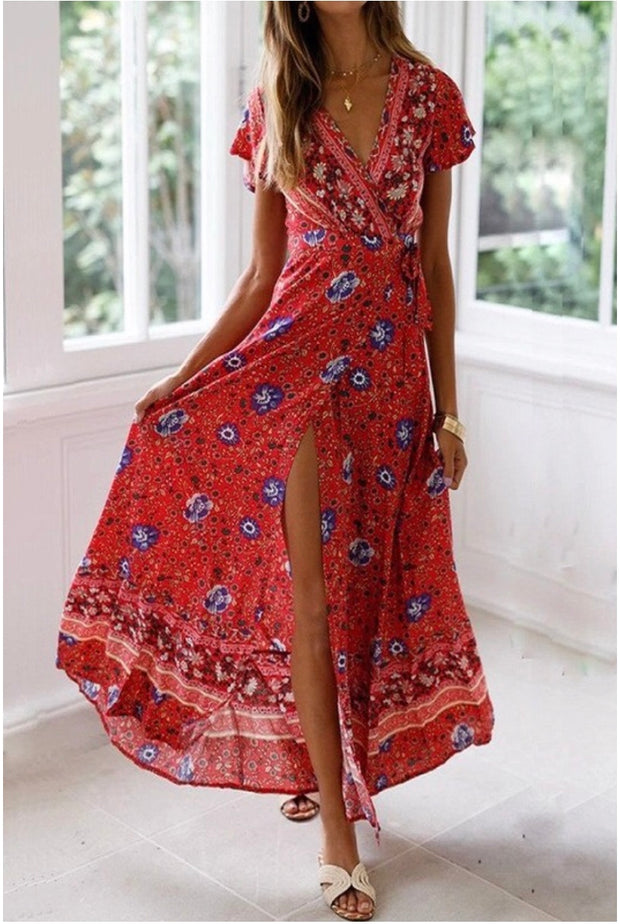 LD-D {Miles Away} Red Floral Print Dress W/ Open Front Detail