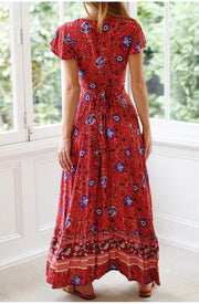 LD-D {Miles Away} Red Floral Print Dress W/ Open Front Detail