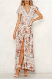 LD-E {Miles Away} Ivory Floral Print Dress W/ Open Front Detail