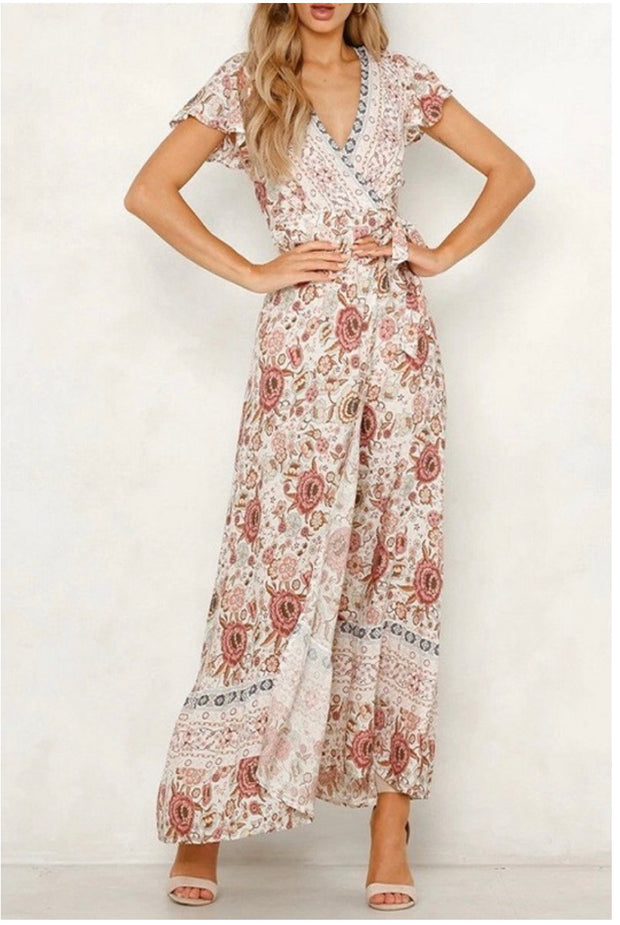 LD-E {Miles Away} Ivory Floral Print Dress W/ Open Front Detail