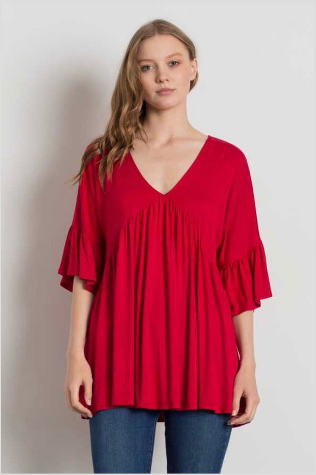 SQ-A {Saved By The Bell} Red V-Neck Top with Bell Sleeves