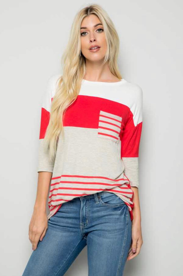 CP-K {Beyond Happy} Red/Gray Striped Contrast Top Pocket